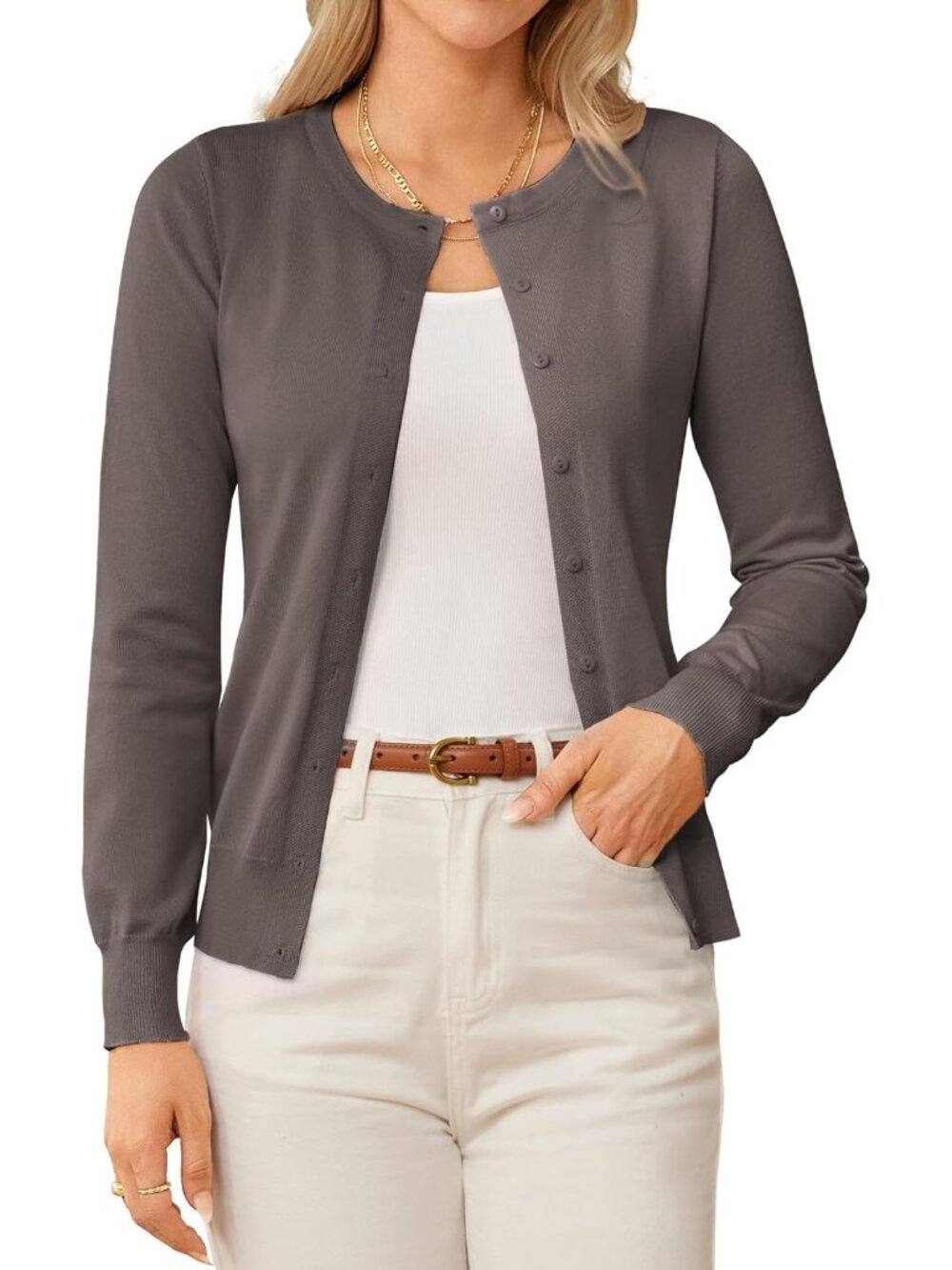 🆕Women's Coffee Lightweight Knit Cardigan Sweater Crew Neck Button Front